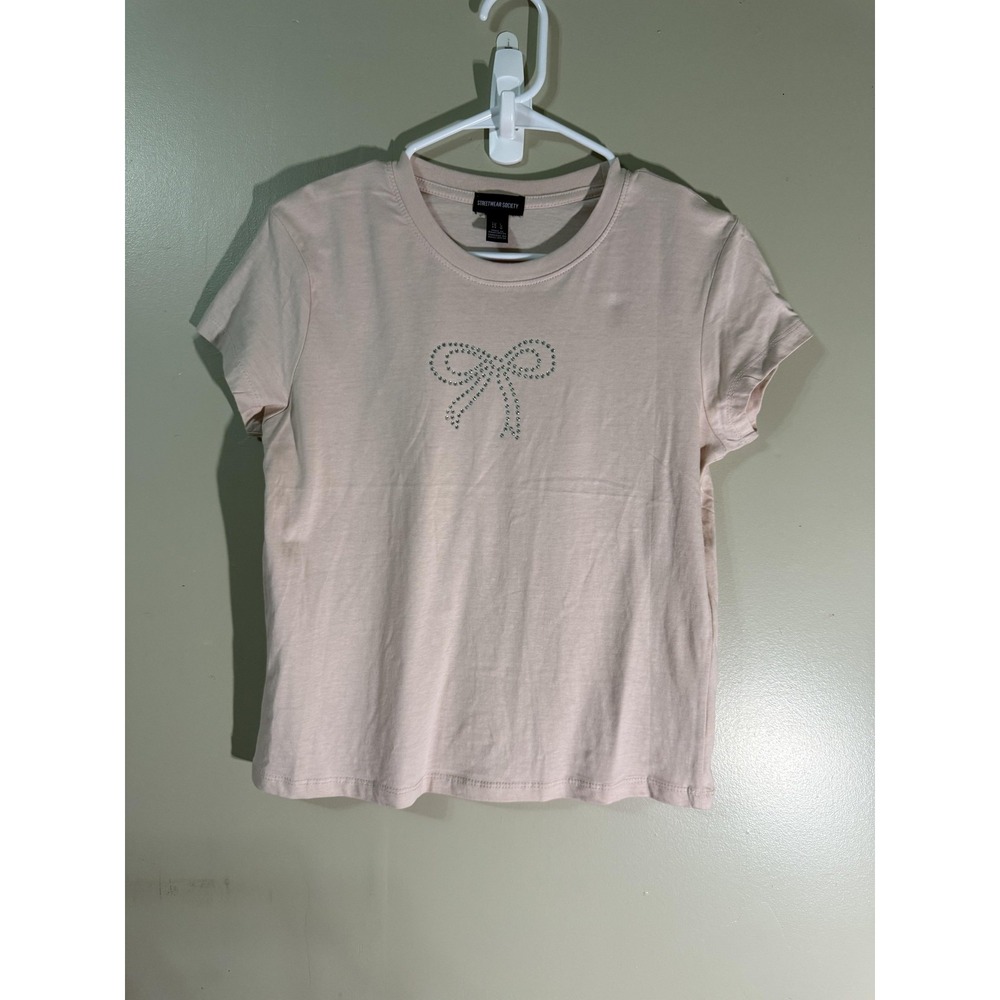 STREETWEAR SOCIETY T-Shirt Womens L Pink Rhinestone Bow 100% Cotton Jersey Tee